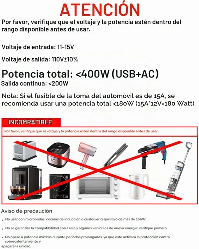 Vista 9 de 400 W Inversor de corriente para automóvil - Adaptador de enchufe de toma doble CC 12 V a 110 V CA, puerto USB C de carga rápida 65 W y 24 W Negro
