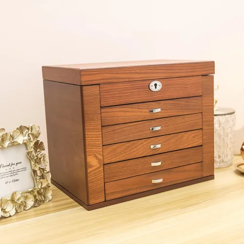 Vista 7 de TITISKIN Large Wooden Jewelry Box for Women 6 Drawers Storage Box Organizer Container with Lock Mirror Velvet brown