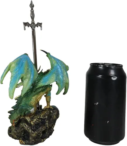 Vista 7 de Ebros Gift Legendario brillante verde metálico blindado centinela caballero dragón sosteniendo Tiki Murciélago espada abrecartas figura figura