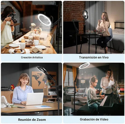 Vista 2 de Anillo de luz con trípode para iPhone, soporte de cámara de teléfono superior con luz y soporte para teléfono para grabación, luz selfie de 10