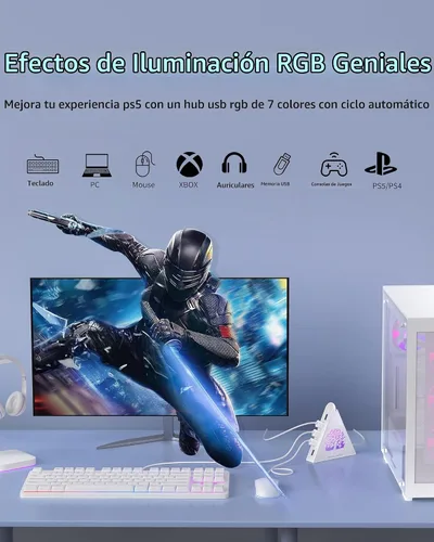 Vista 3 de Hub USB 3.0 de 7 puertos, divisor de concentrador USB vertical blanco con iluminación RGB en forma de árbol, transferencia de alta velocidad de 5