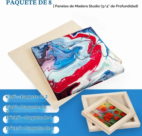 Vista 3 de Falling in Art Kit de paneles de lienzo de madera de abedul sin terminar, 8 paquetes de 4 tamaños Studio 3/4 pulgadas de profundidad para verter