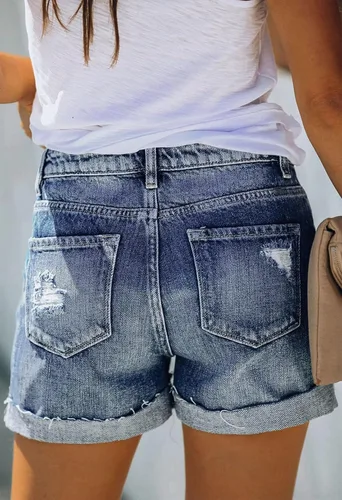 Vista 5 de Pink Queen Pantalones cortos de mezclilla de cintura alta para mujer, estilo casual, rasgados, de verano, pantalones cortos desgastados