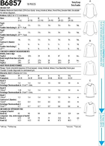 Vista 2 de Butterick Misses' Top - Kit de patrones de costura con código B6857, tallas XS-S-M-L-XL-XXL, multicolor