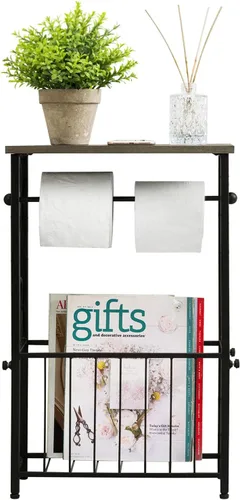 Vista 7 de MyGift Soporte para rollo de papel higiénico y estante organizador de revistas con estante de exhibición de madera maciza gris, almacenamiento