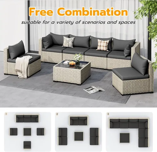 Vista 5 de UDPATIO Juego de muebles de patio al aire libre, sofá seccional modular de 7 piezas con mesa de té, juego de conversación al aire libre de mimbre PE