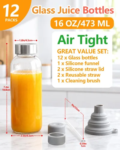 Vista 2 de Zukro Botellas de jugo de vidrio de 16 onzas, tapa de acero inoxidable a