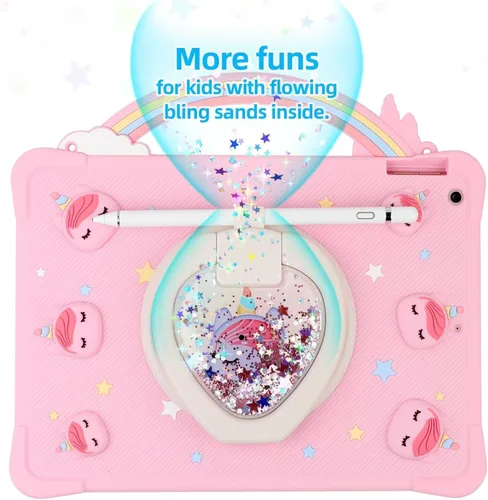Vista 2 de [Funda de Unicornio con Mango de Arcoíris Súper Linda] Compatible con iPad 7 2019 Funda Protectora para Niños Niñas con Correa de Mano y Soporte