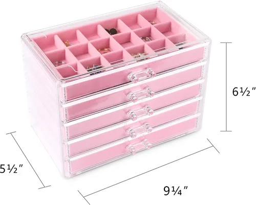 Vista 2 de Frebeauty Organizador de joyas de acrílico, caja organizadora de aretes con 5 cajones, organizador de aretes con bandejas de terciopelo, caja