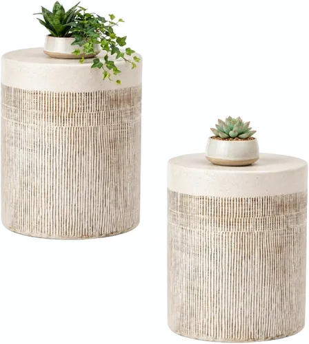 Vista 10 de HOMPUS Mesa auxiliar de hormigón para exteriores, mesa decorativa redonda moderna de tocón de árbol, soporte para maceta, taburete de jardín