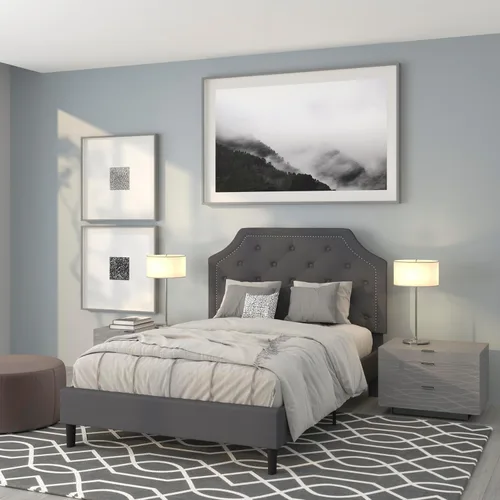 Vista 15 de EMMA + OLIVER Base de cama tapizada con diseño arqueado y diseño capitoné en tela beige