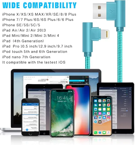 Vista 6 de SHUSEL Cable de carga para iPhone, cable Lightning de ángulo recto, paquete de 3 cables de carga trenzados de nailon de 90 grados y 6 pies, de carga