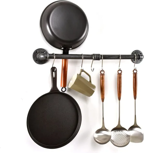 Vista 8 de Estante para ollas de tubería, soporte industrial para tapa de utensilios de cocina, organizador de cocina, barra colgante con ganchos en S