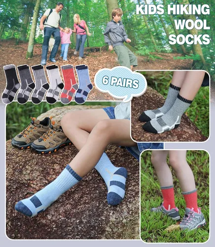 Vista 2 de Calcetines de senderismo de lana merino para niños y niñas, para invierno, cálidos, gruesos, térmicos, calcetines de regalo, 6 pares