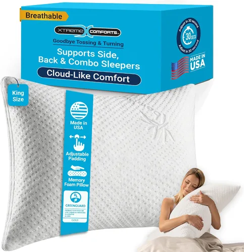 Vista 12 de Xtreme Comforts Almohadas de cama para dormir (paquete de 2) Almohadas ajustables de espuma viscoelástica triturada con funda de enfriamiento
