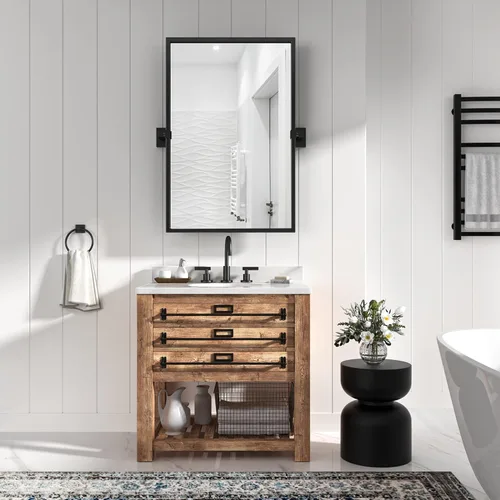 Vista 8 de Espejo rectangular de baño – 24 x 36 pulgadas, marco de metal negro, espejos de tocador biselados inclinables, moderno espejo pivote