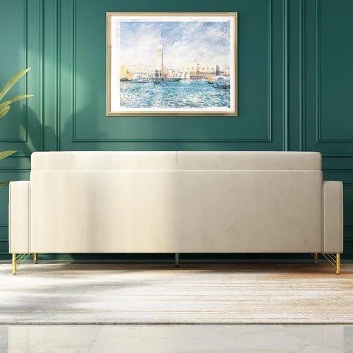 Vista 6 de Sofá Chesterfield de terciopelo de 85 pulgadas, moderno de mediados de siglo, cómodo sofá con almohadas para sala de estar, dormitorio, muebles