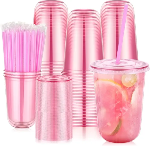 Vista 15 de tchrules Juego de 100 vasos de plástico negro de 12 onzas con tapas y pajitas, taza de café helado desechable con tapa, parte inferior redonda
