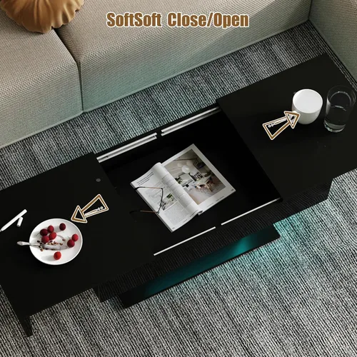 Vista 5 de HedoAjim - Mesa de café LED negra con almacenamiento para sala de estar, mesa de centro rectangular para sala de estar, mesas de café modernas
