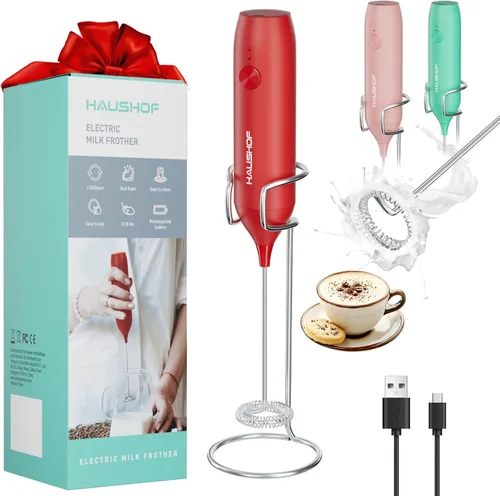 Vista 10 de HAUSHOF Potente varita espumadora de leche recargable con soporte, espumador eléctrico de mano, mezclador de bebidas con batidor de acero inoxidable