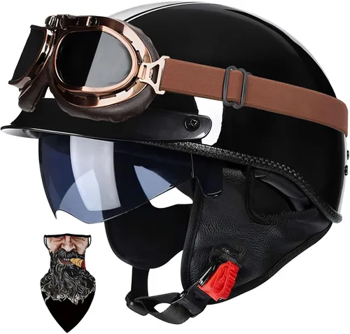 Vista 11 de Casco Moto Retro Vintage Jet Medio para Hombre y Mujer Adultos, DOT Homologado, Ventilación Dual, Visera Retráctil y Desmontable, Apto para Patinete