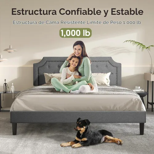 Vista 8 de BONSOIR Base de cama tapizada de color gris de tamaño matrimonial, con plataforma tradicional tapizada de perfil bajo con cabecera copetuda