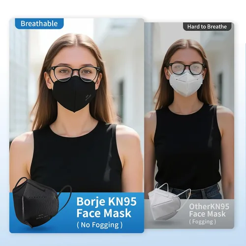 Vista 6 de Borje Mascarillas KN95, 50 unidades, envueltas individualmente, protección de 5 capas, mascarillas KN95 negras, mascarillas desechables para adultos
