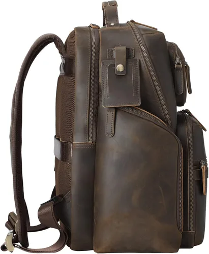 Vista 2 de TIDING Mochila para portátil de cuero vintage de 15.6 pulgadas para hombre, con múltiples bolsillos, mochila de viaje para negocios