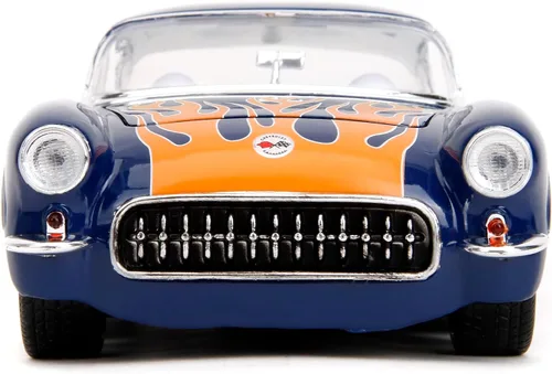 Vista 2 de Jada Big Time Muscle 1:24 1957 Chevrolet Corvette - Auto fundido a presión, juguetes para niños y adultos (azul oscuro/llamas)