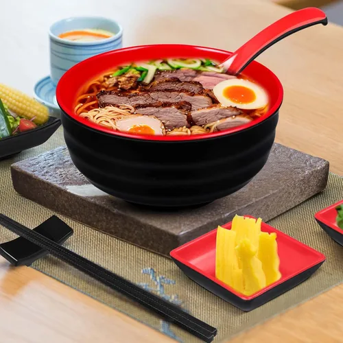 Vista 3 de meekoo Juego de 6 tazones de ramen de 41 onzas a granel asiático, chino, grande, japonés, fideos para ramen, cuenco Pho con tazones de inmersión