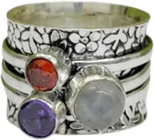 Vista 11 de Multi-Gemstone Spinner Ring for Women, 925 Sterling Silver Boho Meditation Band with Amethyst, Moonstone, Opal, Garnet, Gift for Her