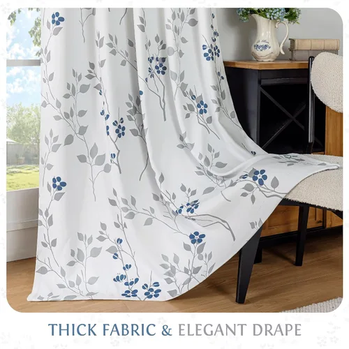 Vista 4 de Beauoop Cortinas Florales 100% Opacas de 54 Pulgadas de Largo, 2 Paneles para Dormitorio, Sala de Estar, Azul Gris y Blanco con Patrón de Flores