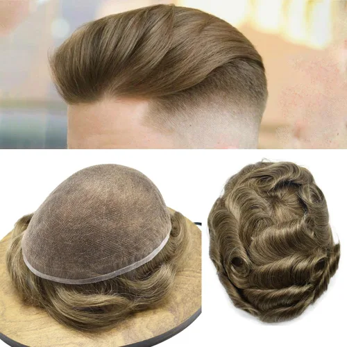 Vista 56 de Completo suizo encaje tupé para hombres pieza de pelo real sistema de reemplazo de cabello humano para hombres Toupee Hairpieces para hombres 7x9