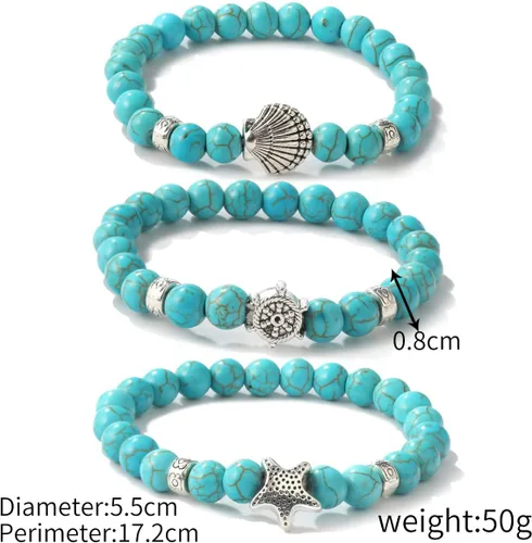 Vista 5 de 3 pulseras de turquesa con diseño de océano y cruz de conchas marinas, piedras de cristal curativas, pulseras de cuentas redondas elásticas