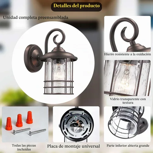 Vista 4 de MICSIU Luces de Porche de Bronce Frotado con Aceite para Pared Exterior, Lámparas Exteriores Impermeables Estilo Granja con Casquillos E26 y Negro