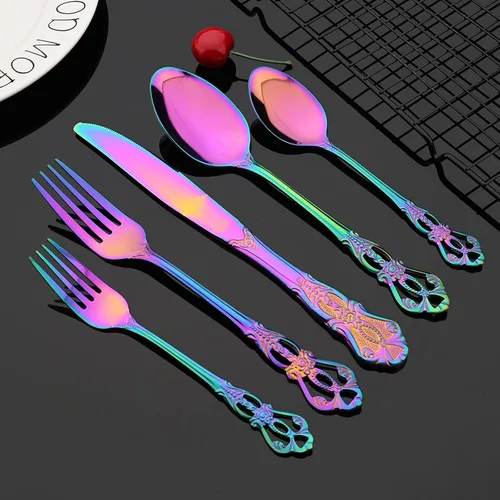 Vista 2 de JASHII Juego de cubiertos de acero inoxidable 304 con patrón de tallado hueco, 20 piezas de servicio para 4 vajillas arcoíris con cuchillos