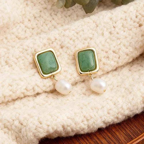 Vista 5 de Sonateomber Gold Gemstone Dangle Drop Earrings for Women,Chunky Statement Pearl Square Natural Stone Healing Dangling Earings Prom Wedding