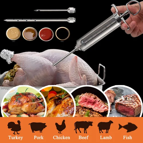 Vista 8 de DePango Inyector de carne, kit de jeringa de sabor de adobo de acero inoxidable con ventana de medición de 2 onzas para ahumadores, parrilla