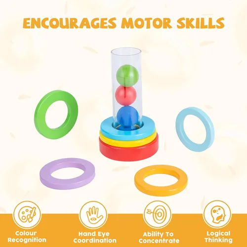 Vista 3 de Montessori - Anillos y bolas interactivas apilables para bebés de 6 a 12 meses, tubo transparente divertido