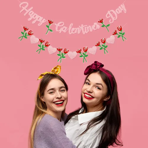 Vista 5 de Cartel de Feliz Día de Galentine – Decoración del Día de Galentine con purpurina rosa, pancarta de guirnalda de corazón rosa para damas, niñas