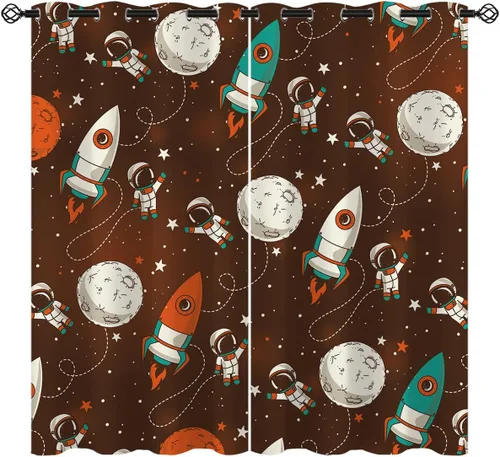 Vista 9 de Cortinas opacas con diseño de cohetes de dibujos animados para niñas y niños, decoración del hogar, aventura en el espacio, galaxia, planetas, azul