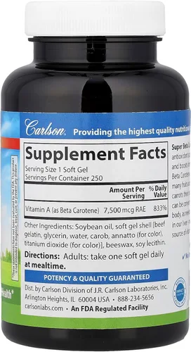 Vista 2 de Carlson Labs Súper Beta-Caroteno de Dunaliella Salina, 250 cápsulas de gel blando