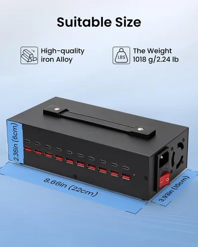 Vista 7 de Estación de carga USB-C de 200W, bloque de cargador USB de 20 puertos (10 USB A y 10 USB-C), estación de carga rápida para múltiples dispositivos