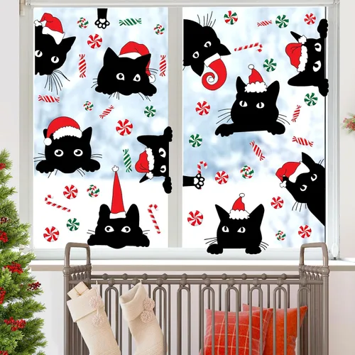 Vista 2 de Adhesivos de ventana de Navidad para ventana de Navidad, gato negro y menta, calcomanías de pared para decoración de ventanas de tienda de vidrio