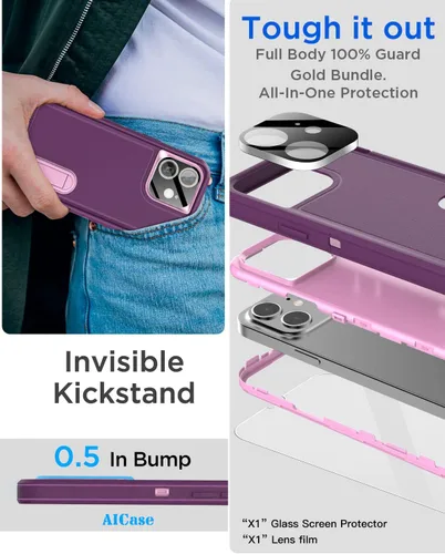 Vista 5 de AICase Funda para iPhone 11 con soporte integrado con protector de pantalla de vidrio + lente de cámara, resistente protección contra caídas, cuerpo