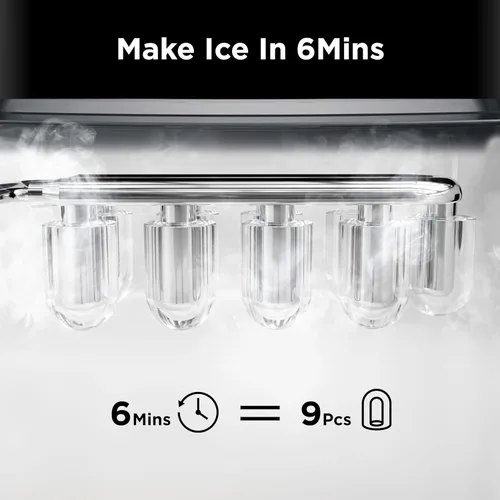 Vista 3 de Máquina de hielo para encimera, 9 cubos listos en 6 minutos, 26 libras en 24 horas, máquina de hielo autolimpiante con cuchara de hielo y cesta, 2