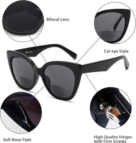 Vista 5 de JM Lentes de lectura bifocales clásicos, de gran tamaño, estilo ojo de gato, lentes de sol para mujer Cat Eye, Stylish
