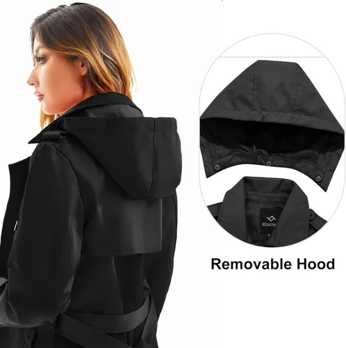 Vista 6 de FARVALUE Gabardina impermeable para mujer, rompevientos de doble botonadura, clásico con solapa con cinturón y capucha extraíble