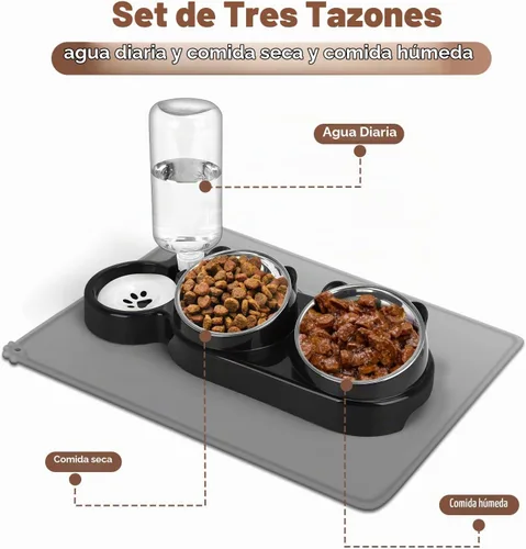 Vista 6 de Juego de cuencos de comida y agua para gatos, cuencos elevados de acero inoxidable para gatos con botella de agua automática y tapete impermeable
