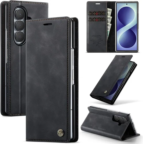 Vista 96 de Funda tipo cartera para Samsung Galaxy Z Fold 7 de piel con tarjetero y función atril, cierre magnético, bloqueo RFID, TPU a prueba de golpes, Negro